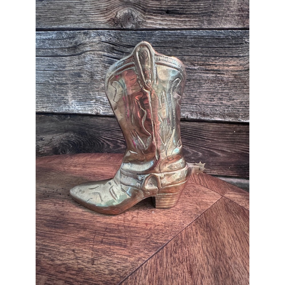 Vintage Solid Brass Cowboy Boot Figurine with Spur Western Decor Vase 8 Inch